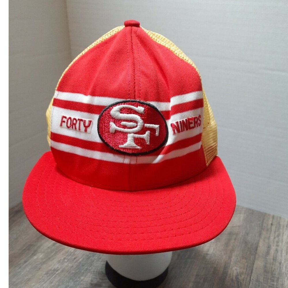 Vintage 80s San Francisco 49ers NFL AJD Lucky Stripes Trucker Hat Snap Back Cap